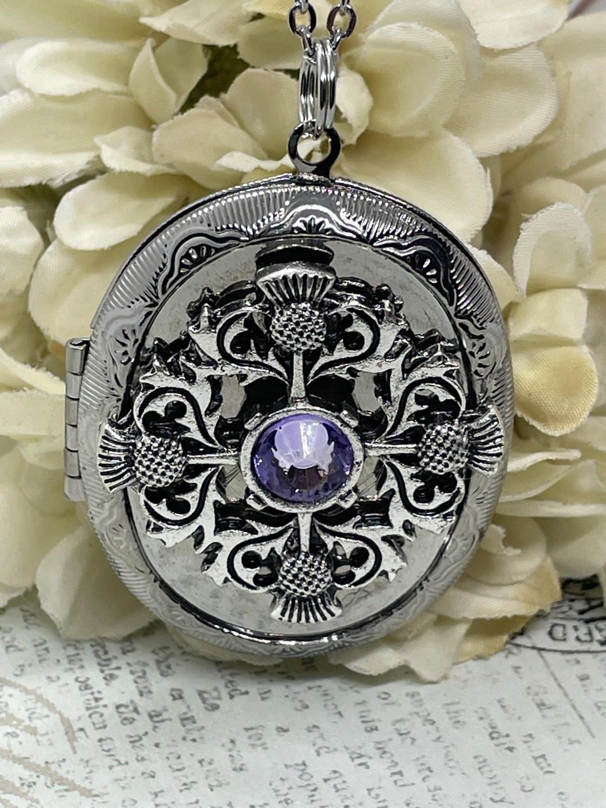 Silver Purple SCOTTISH THISTLE Scotland LOCKET NECKLACE CAMEO PHOTO CELTIC gift