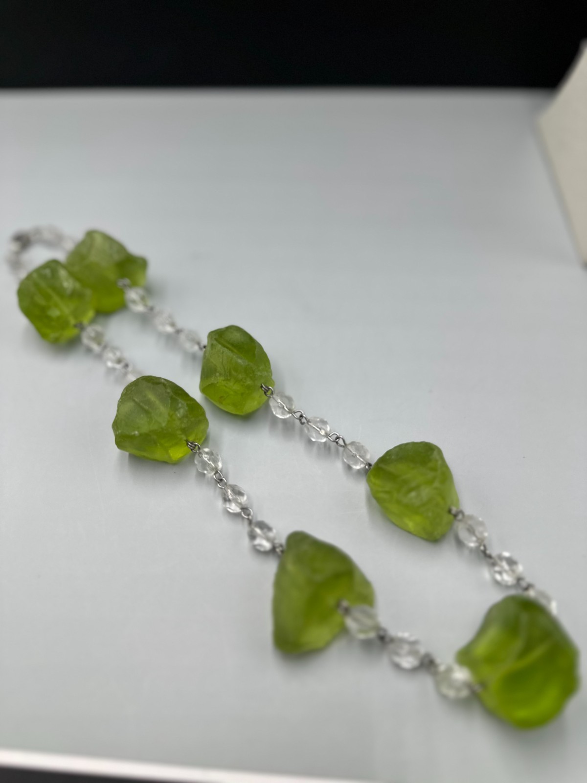 Green Chunky Nugget Beaded Necklace Clear Faceted Link Long Statement 20 Inch