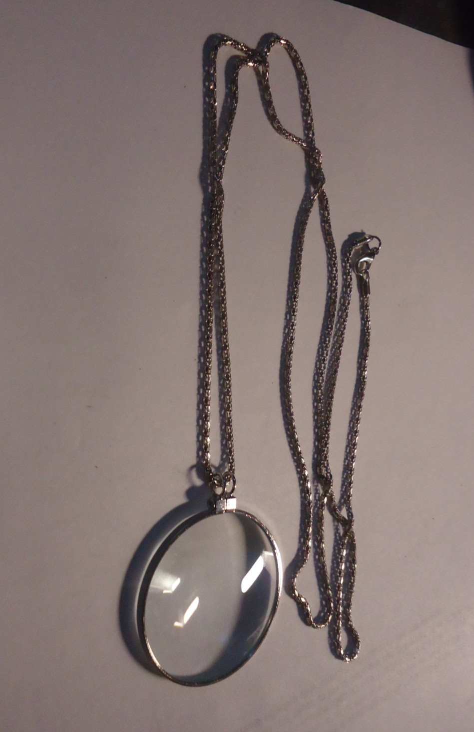 5X Magnifier Reading Magnifying Glass Lens Pendant Necklace 36” silver plated#8
