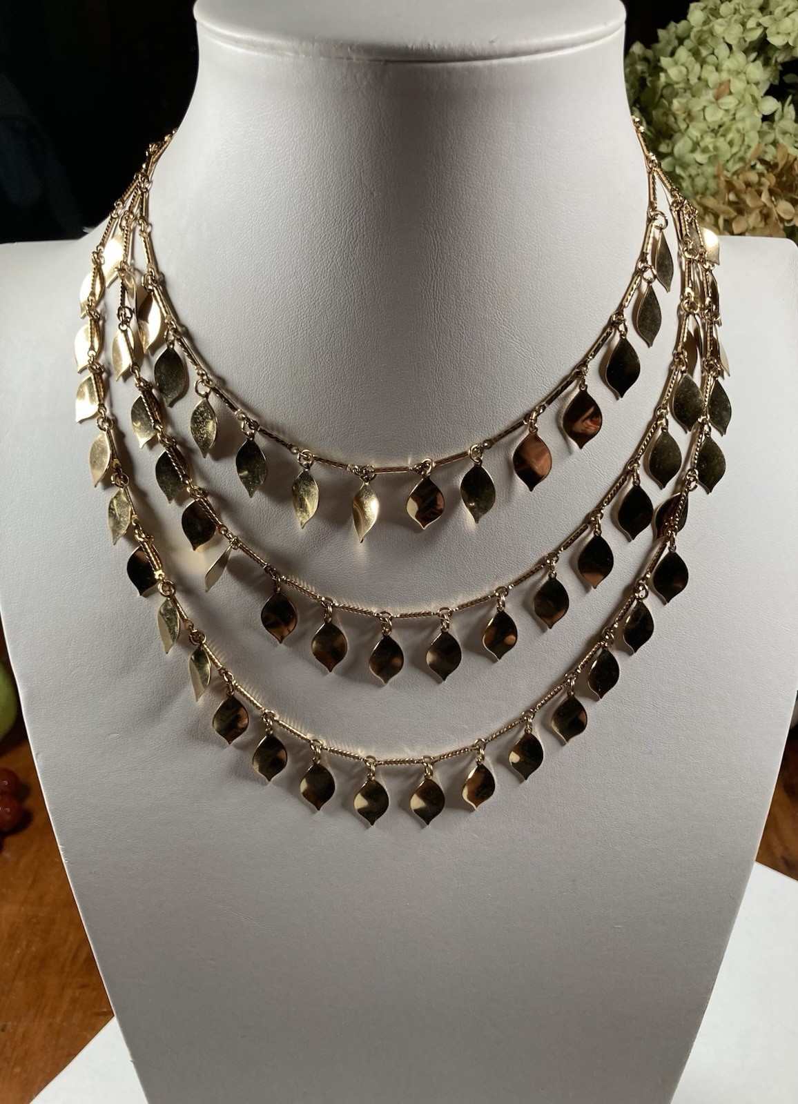 Gold Tone Layered Cable Chain Necklace Asymmetrical Leaf Teardrop Charms Metal