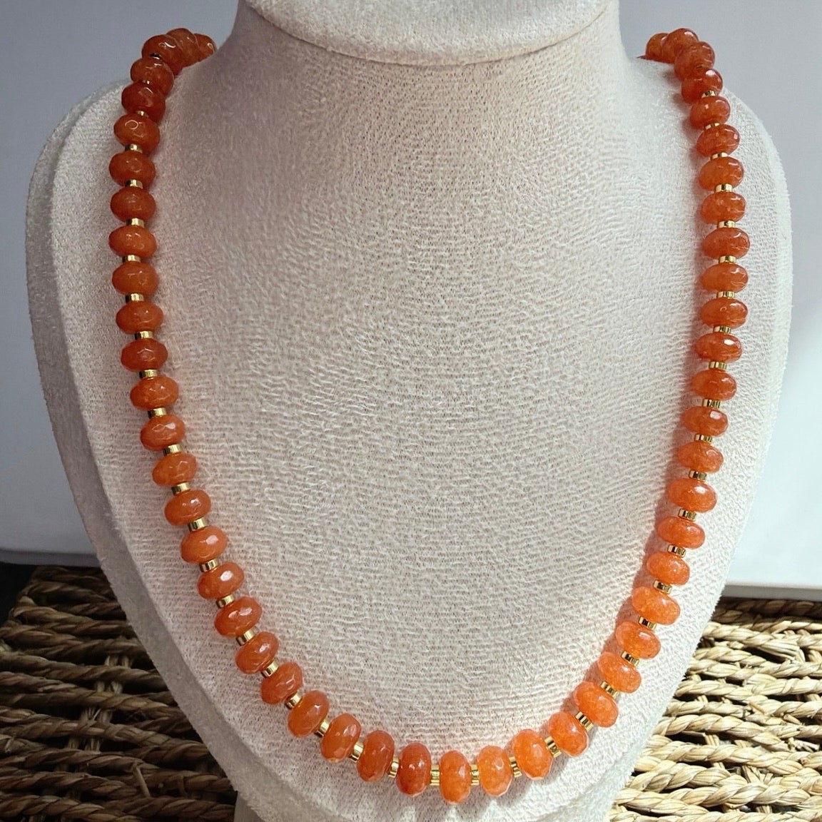 21.5″ Gemstone Necklace, Orange & Gold, Quartz & Hematite, Gold Tone Hardware
