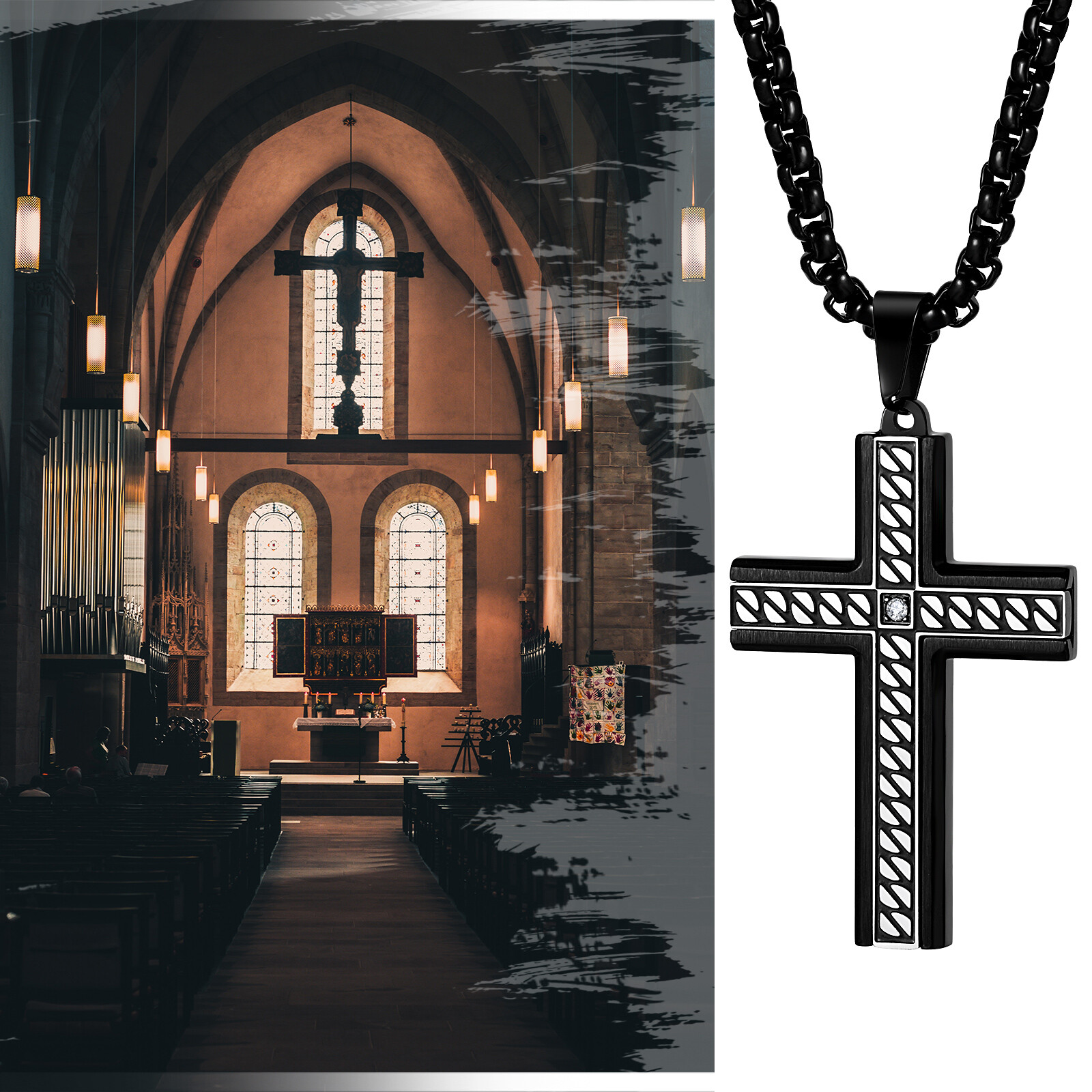 Mens Boys Cool Black Striped Cross Stainless Steel Pendant Necklace Chain 22in