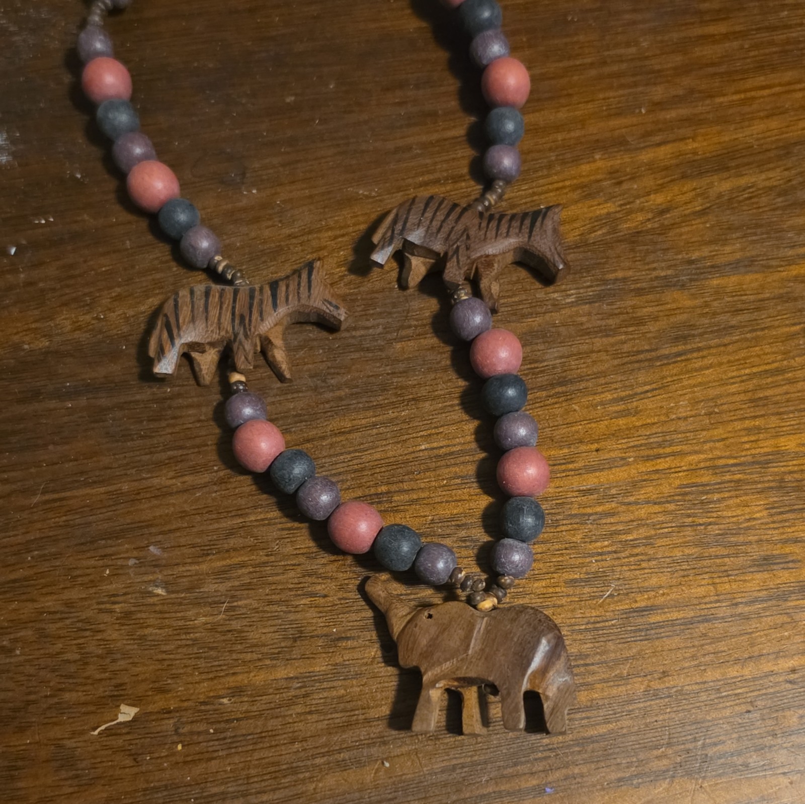 Wood Bead Strand Necklace, Handcrafted Elephant & Zebra Charms, Brown/Black