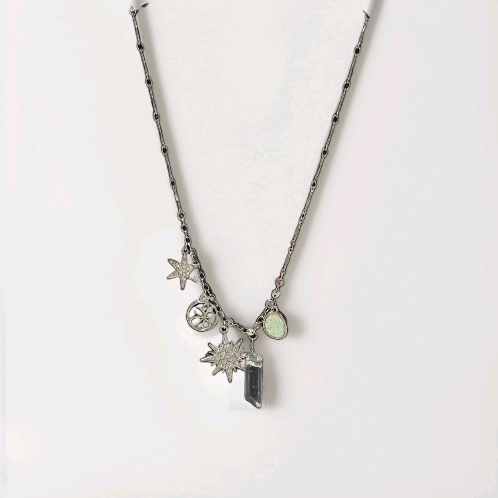 Silver Tone Celestial Star Charm Necklace Clear Crystal Hexagon Pendant Toggle