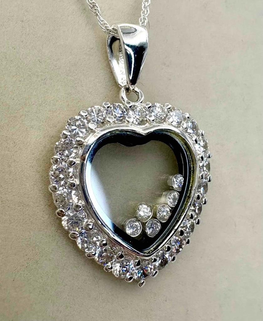 SA Silverage Designer 925 Sterling Silver CZ Floating Heart Pendant Necklace