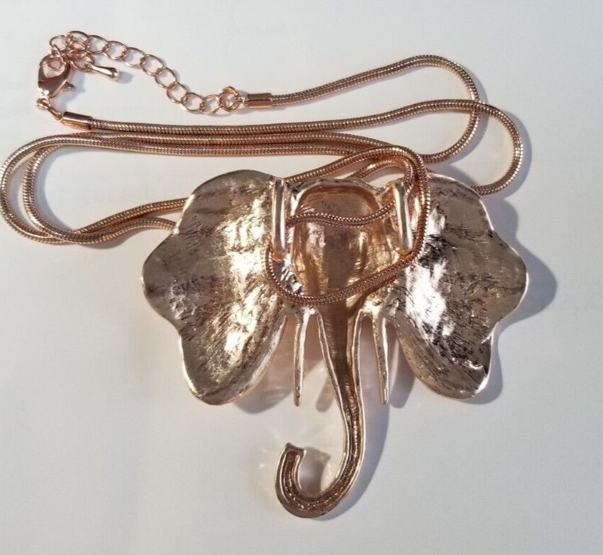 Stunning Rose Gold Tone 3.5in ELEPHANT Head Pendant Long Mesh Chain Necklace