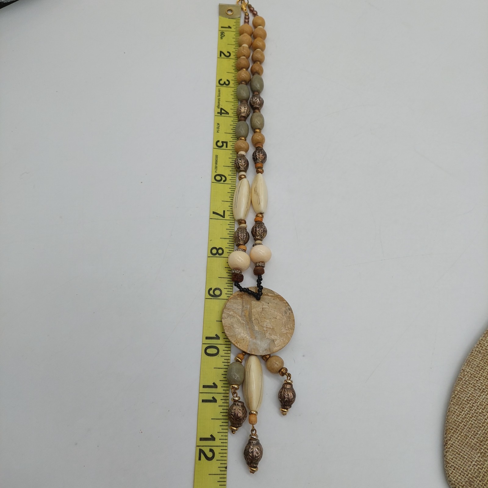 Necklace Beaded Round Pendant Brown Green Beige Metal Plastic Stones