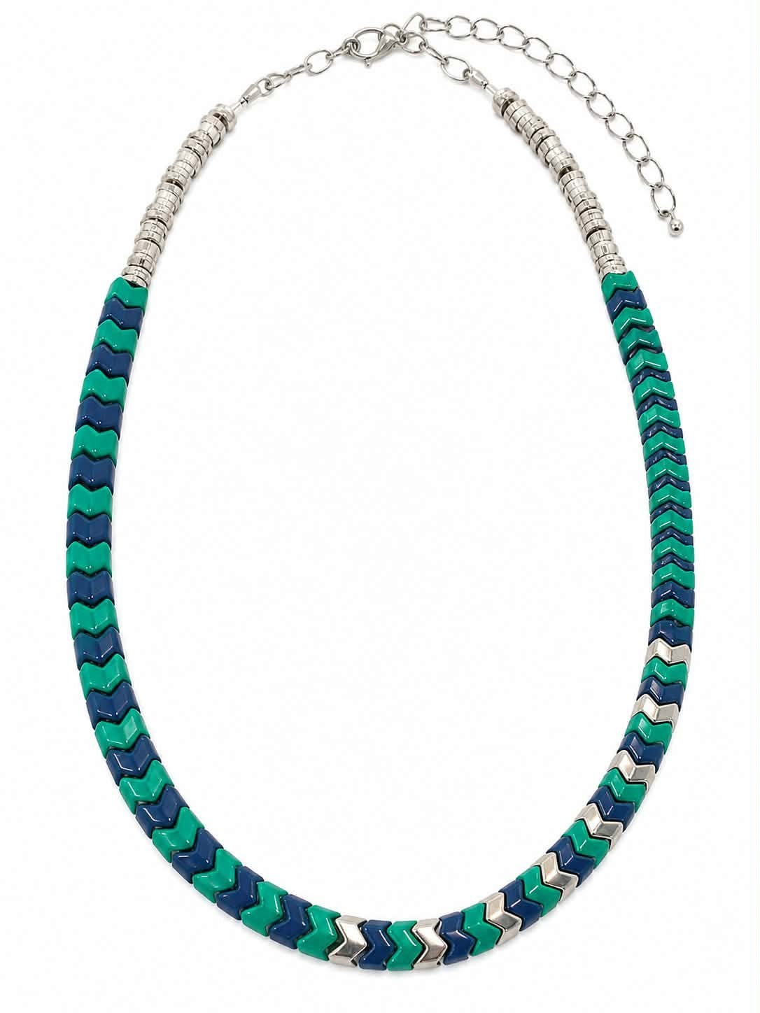 Pre-Owned 45cm Blue Green Chevron Beaded Necklace Silver Tone Fashion Jewelry