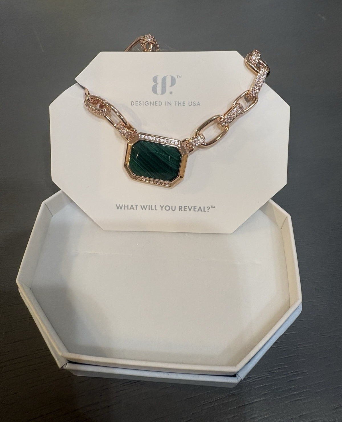 Ring Bomb Party Rose Gold Plated Malachite Octagon Necklace 18″ NK29682