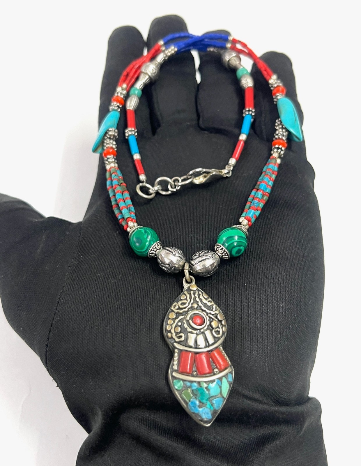 Vintage Coral Turquoise Gemstone Tibetan Style Necklace Jewelry, 17 Inch Adjs