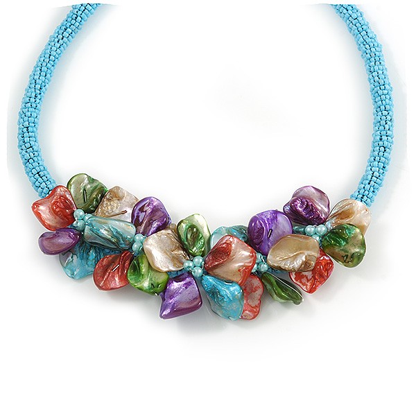 Light Blue Glass Bead/ Multicoloured Shell Floral Necklace – 48cm Long