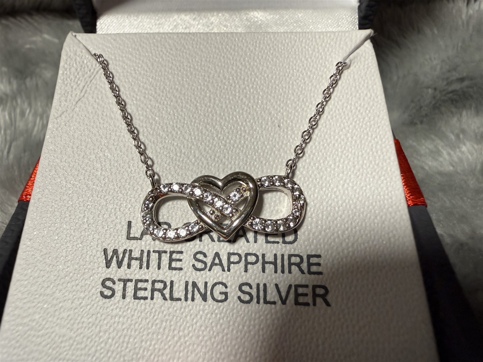 STERLING SILVER WHITE SAPPHIRE 18″ NECKLACE INFINITY HEART LAB CREATED STONE
