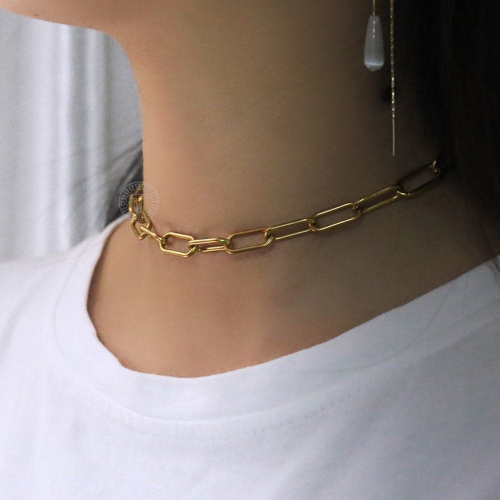 7mm Gold Plated Paperclip Cable Chain Choker Necklace For Women Stainless Steel