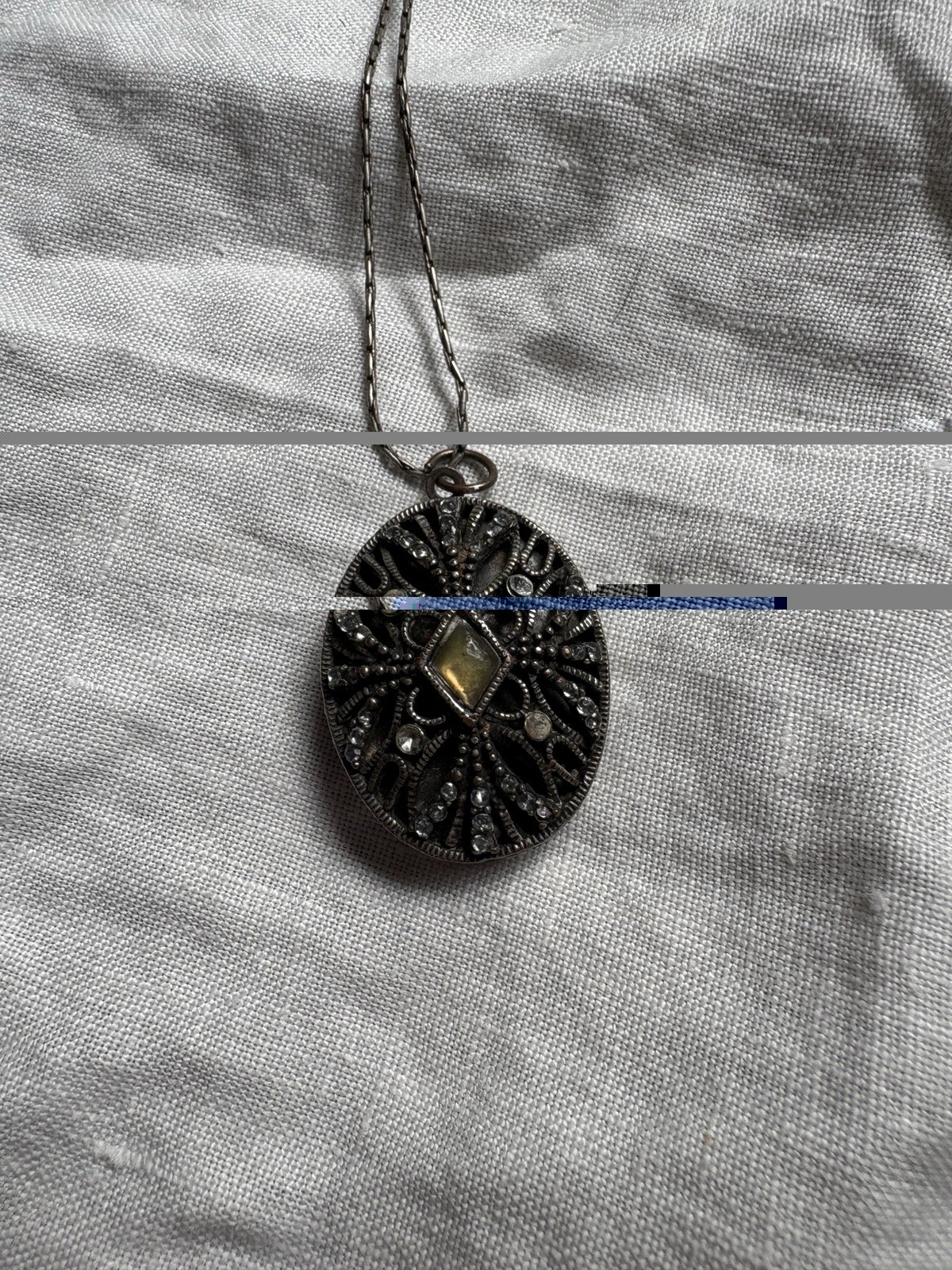 Silver Oval Locket Pendant Necklace Yellow Square Stone Cable Chain