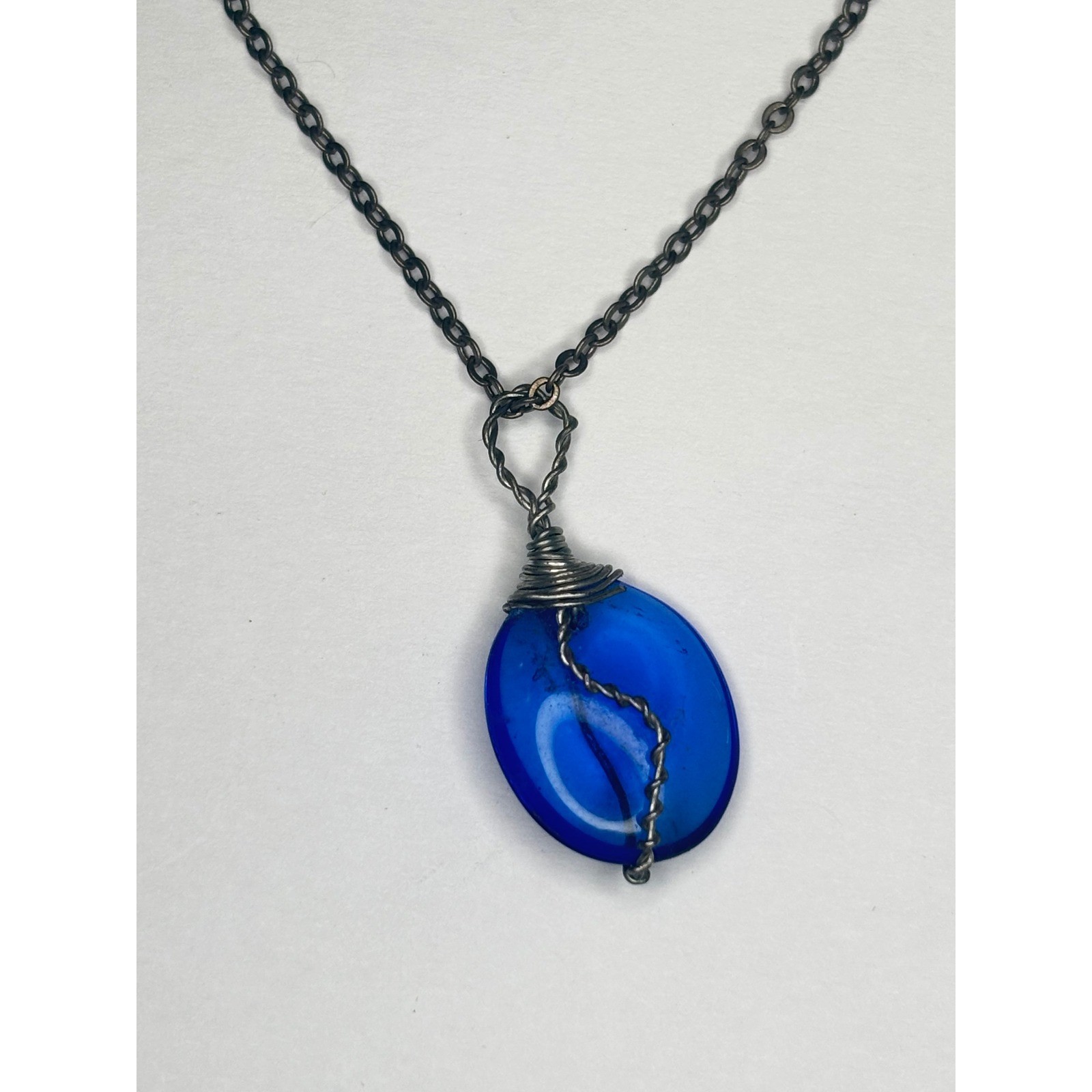 Handmade Cobalt Blue Glass Wire Wrapped Pendant Necklace 18″ Silver Tone Chain
