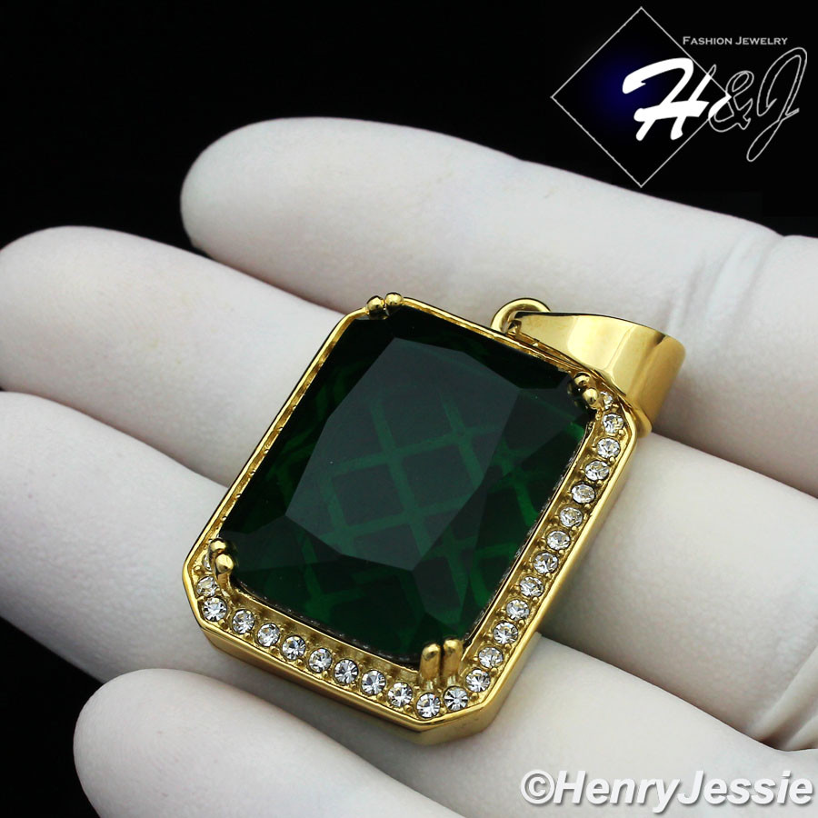 MEN’s Stainless Steel Green Rhinestone Gold Plated Charm Pendant*GP103
