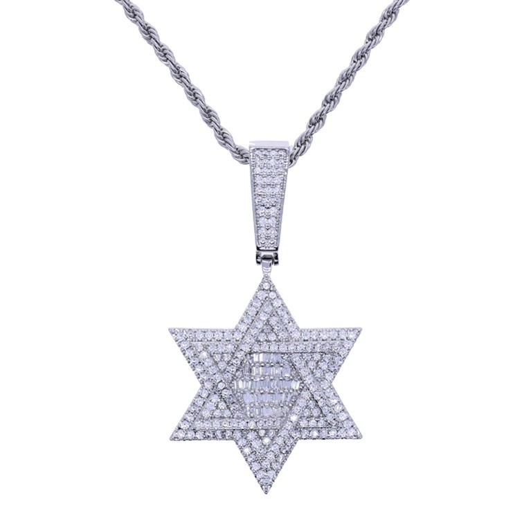 Hip Hop Star of David Pendant Necklace 5A CZ Iced Bling Double Layer Charm Men