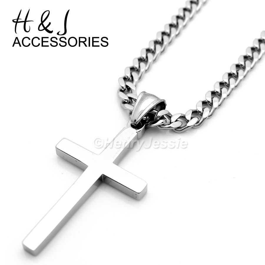 18″-36″MEN Stainless Steel 5mm Silver Cuban Curb Necklace Plain Cross Pendant*29
