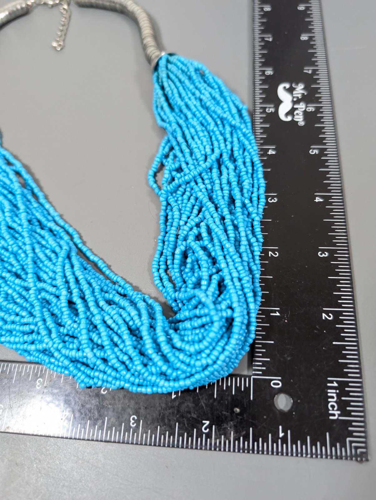 Blue Glass Seed Bead Multi Strand Statement Necklace Western Beachy Boho 27 in