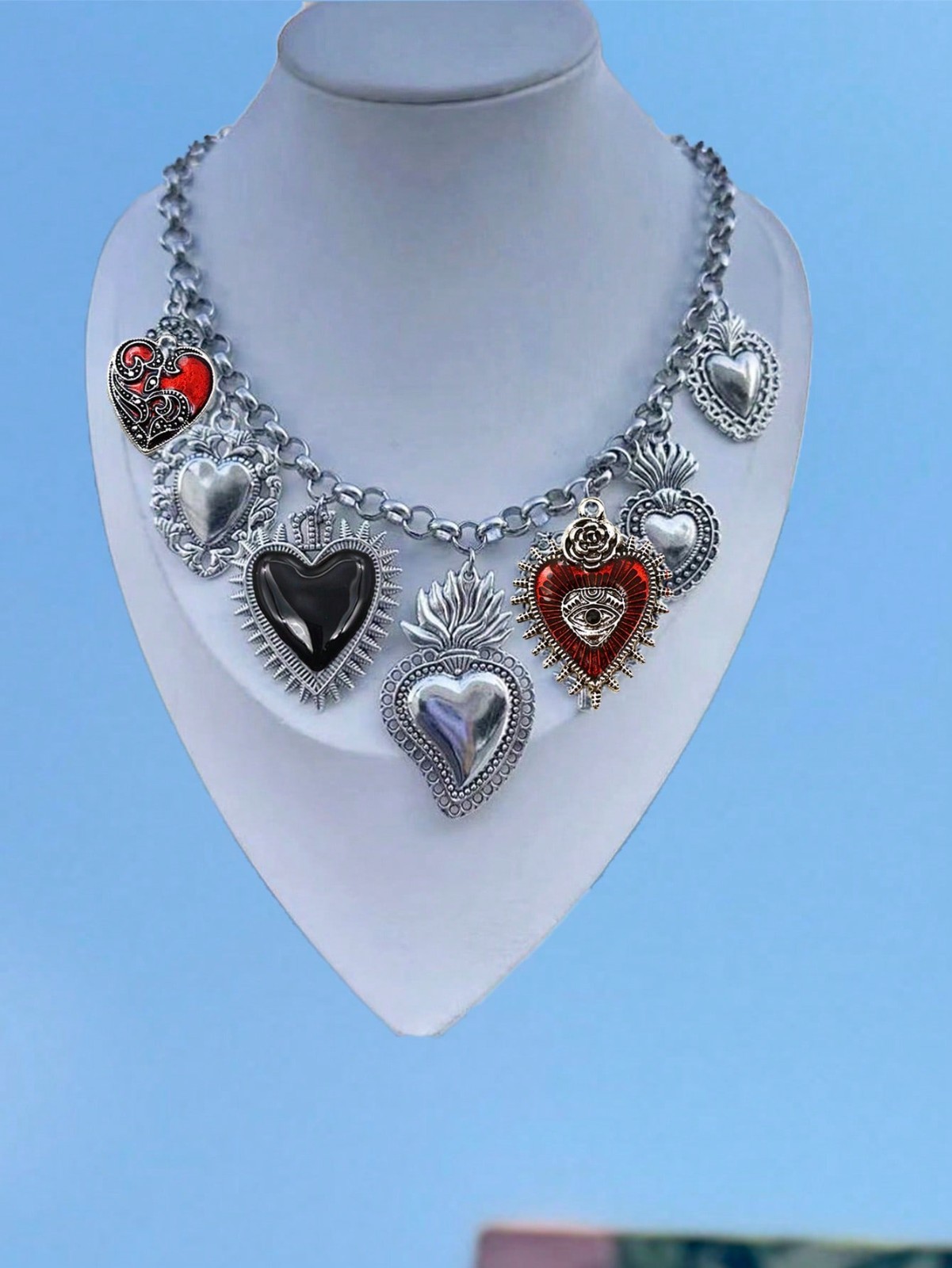 Gothic Chunky Chain Charms Flaming Heart Statement Necklace Evil Eyes Pendand