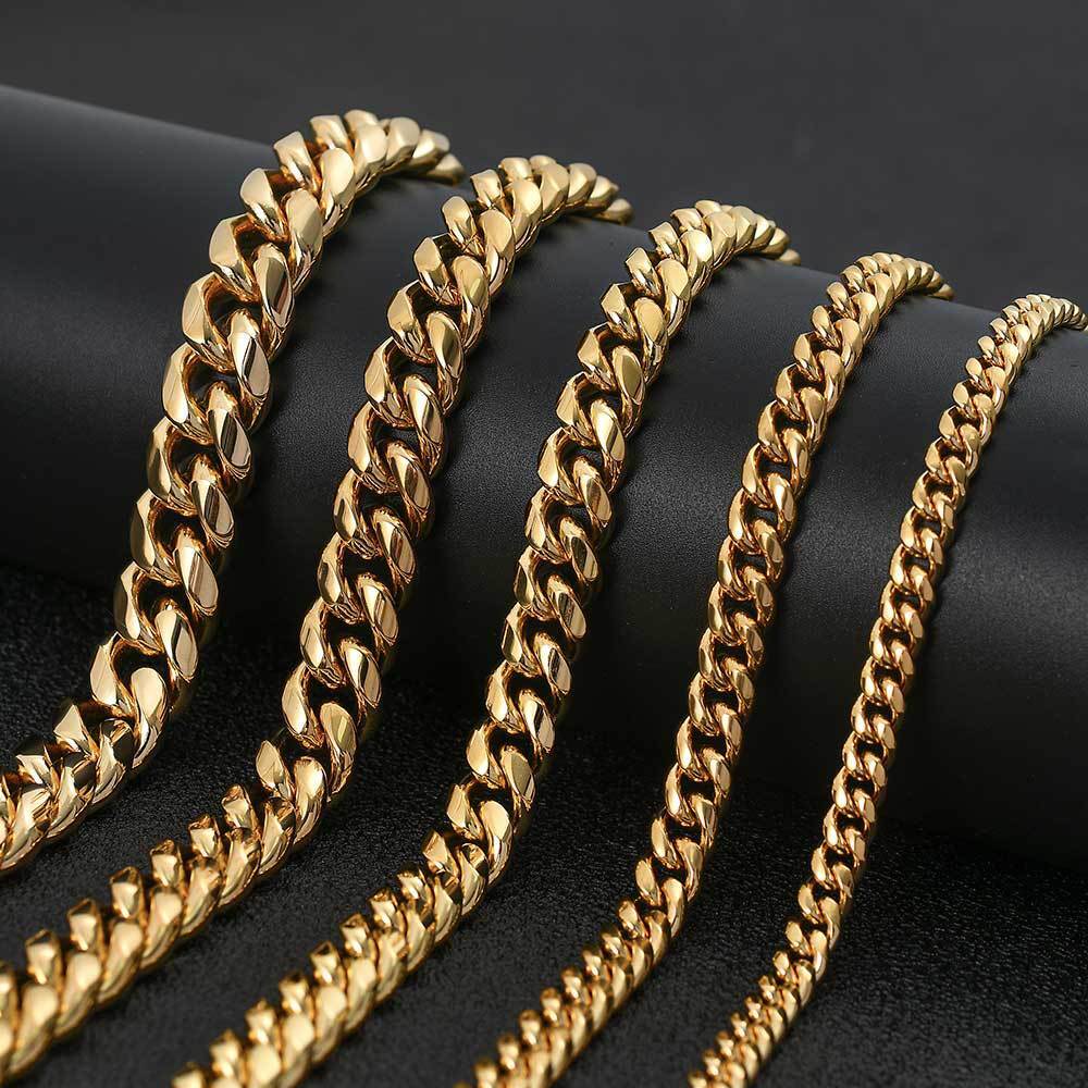 6-18mm Hip Hop 18K Gold Tone Stainless Steel Men Miami Cuban Link Chain Necklace