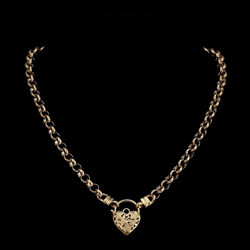 18K GL Solid Belcher Yellow Gold Necklace with Filigree Heart Padlock