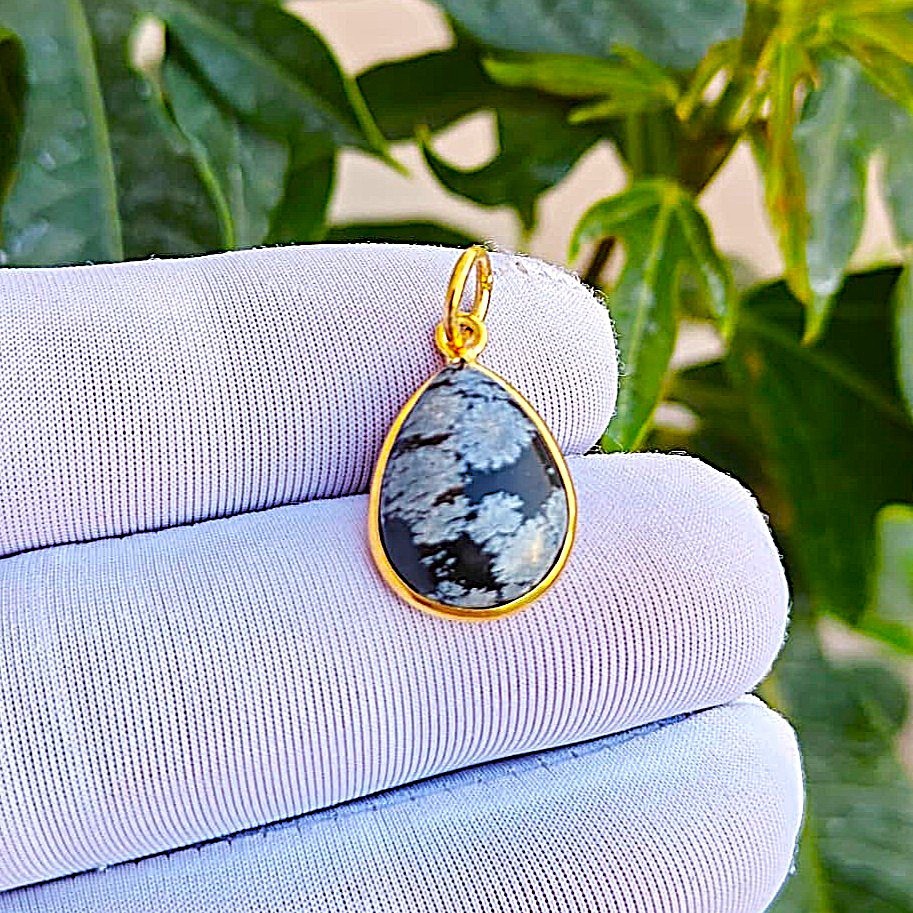 Snowflake Obsidian Gemstone Handmade Pendant Charm, Sterling Silver Gold Plated