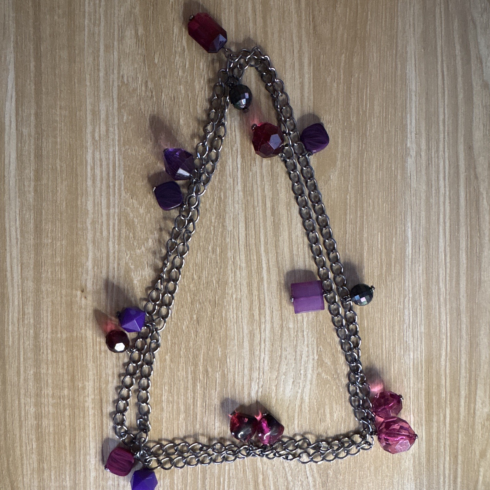 Layered Beaded Cable Chain Necklace Plastic Metal Silver Purple Pink Red