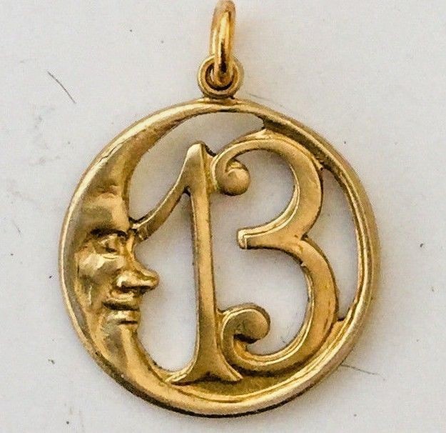 LUCKY 13 Crescent Moon Pendant Charm. Gold Tone. Retro Vintage style Good Luck.