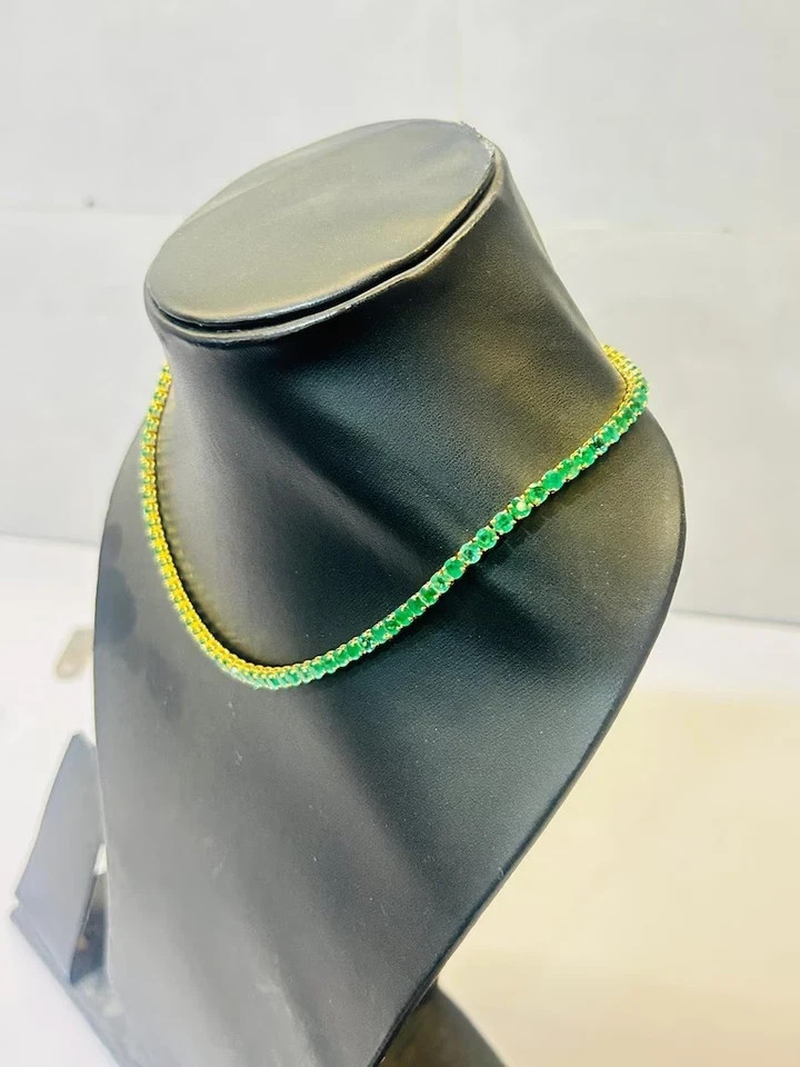 18ct Lab Created Round Cut 4mm Emerald 14K Yellow Gold Plated Tennis Necklace