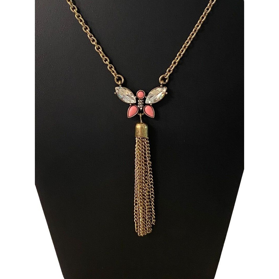 Goldtone Tassel Butterfly 31″ Necklace 3.75″ Drop Lobster Clasp