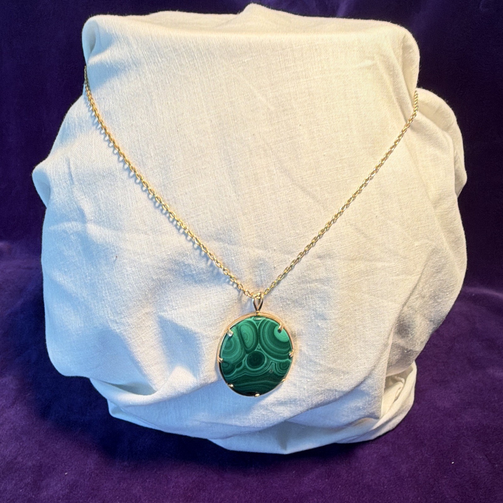 Yellow Gold Cable Chain Necklace, Natural Green Oval Malachite Pendant