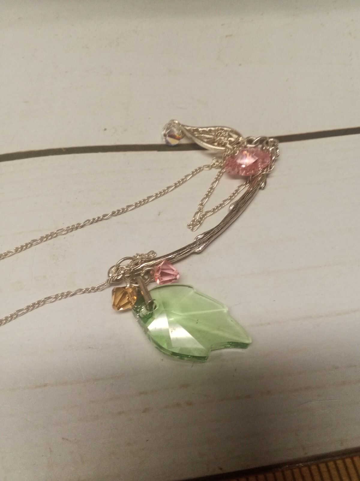 18″ Silver Tone Stamped 925 Green Pink Crystal Glass Flower Leaf Branch Necklace