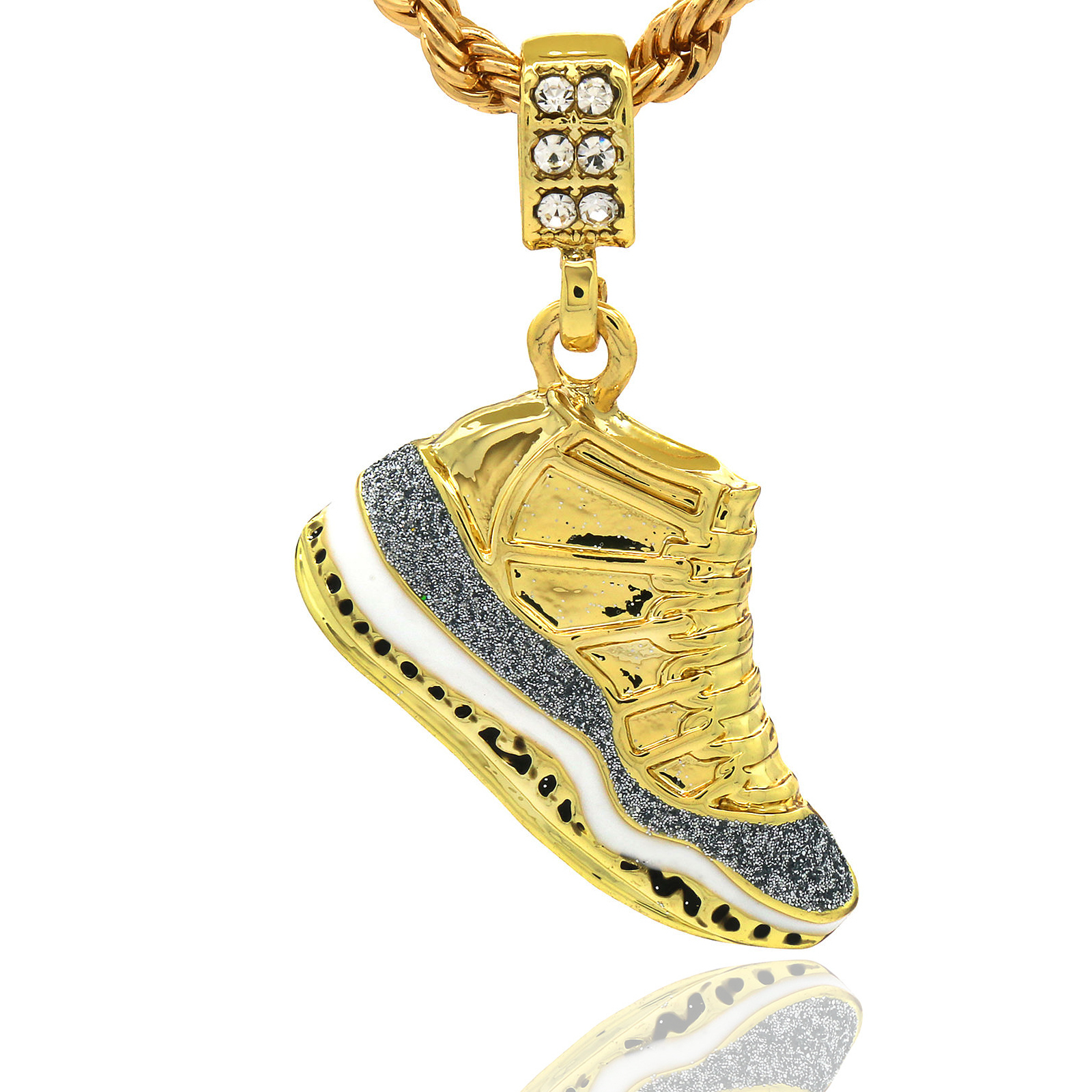 Mens 14k Gold Plated Hip Hop Retro 11 “Cool Grey” Pendant 4mm 24″ Rope Chain