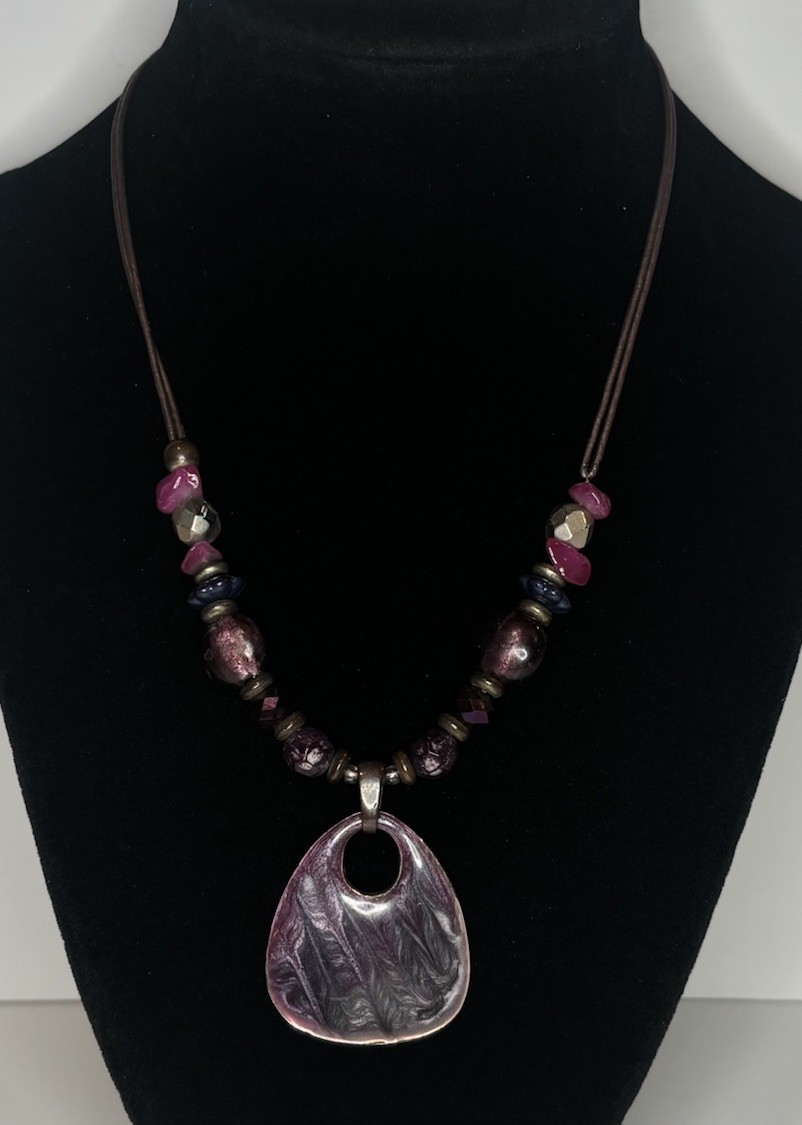 Purple Gemstone Necklace Glass Bead 20” Enameled Metal Pendant Boho
