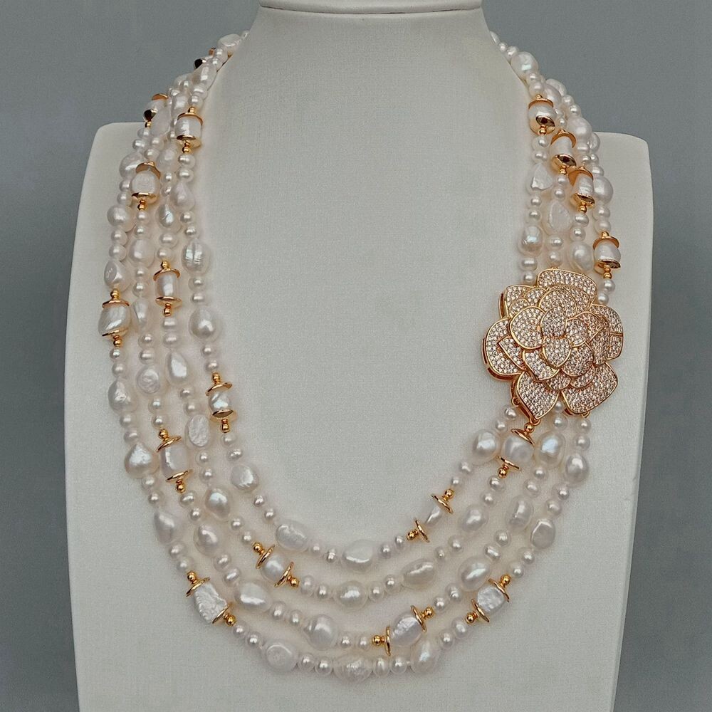 4 Strands Cultured White Baroque Pearl Cubic Zirconia Pave Pendant Necklace 19