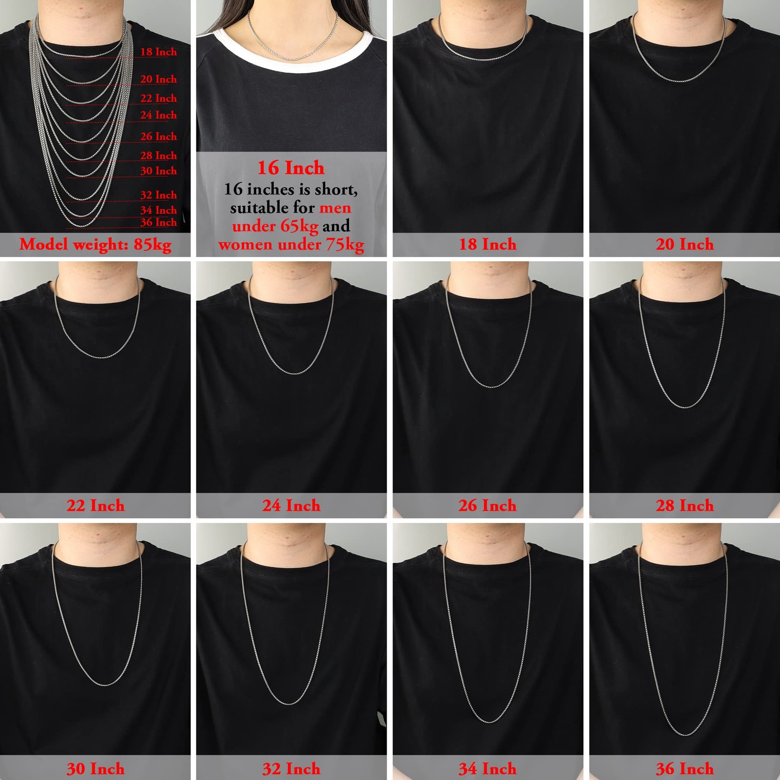 2-7 mm 16-36 In Square Rolo Stainless Steel Chain Necklace Round Box Necklace…