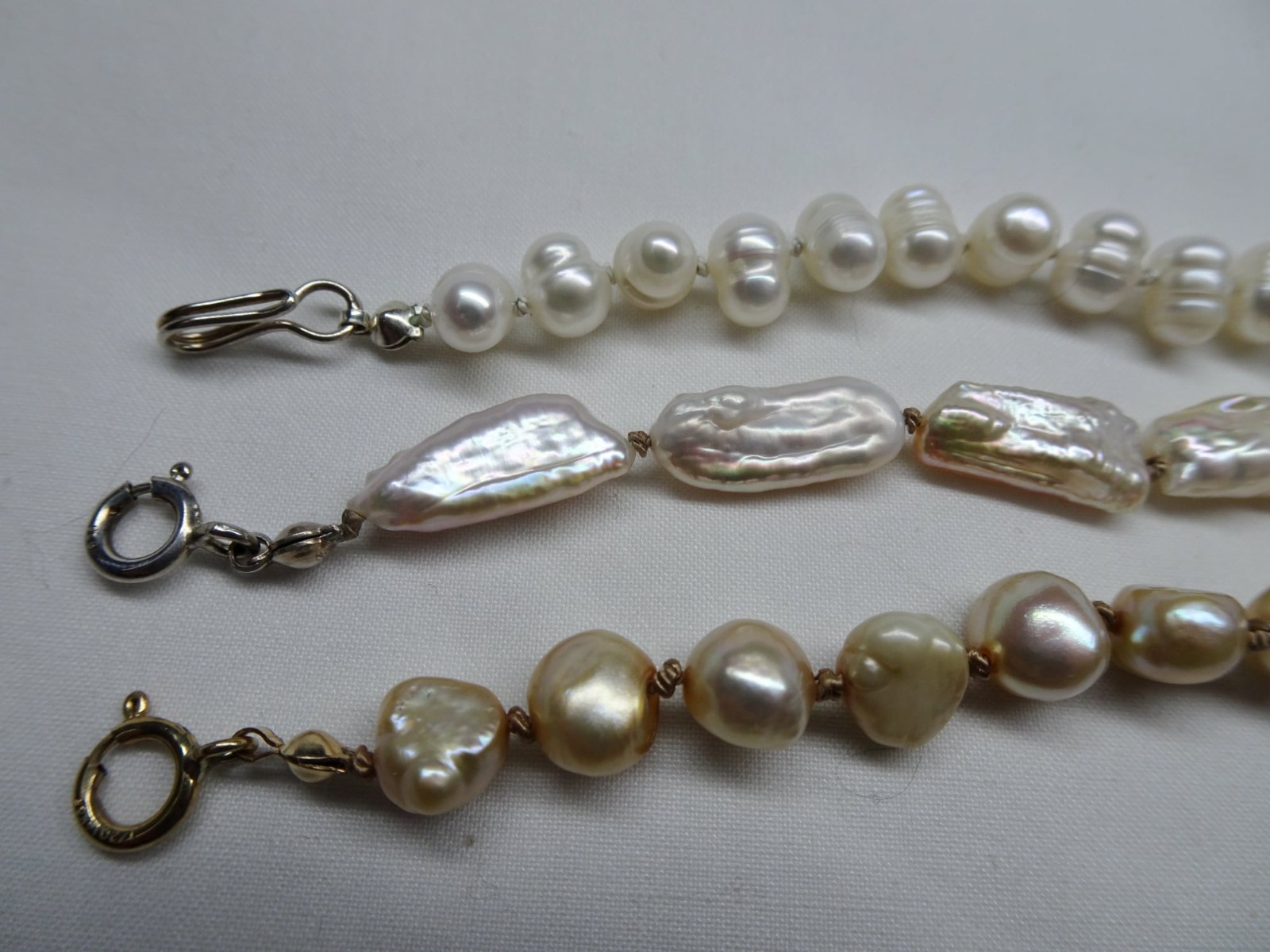 THREE 7″ Hand Crafted GF&SS Clasp Knotted Freshwater Pearl Bracelets BR6 DNG