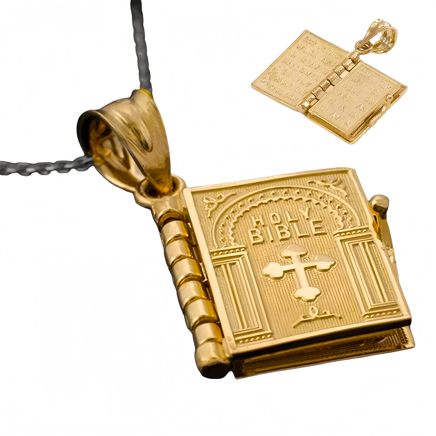 Men Women Vintage Gold Jewelry Bible Book Cross Pendant Daily Wear Necklace