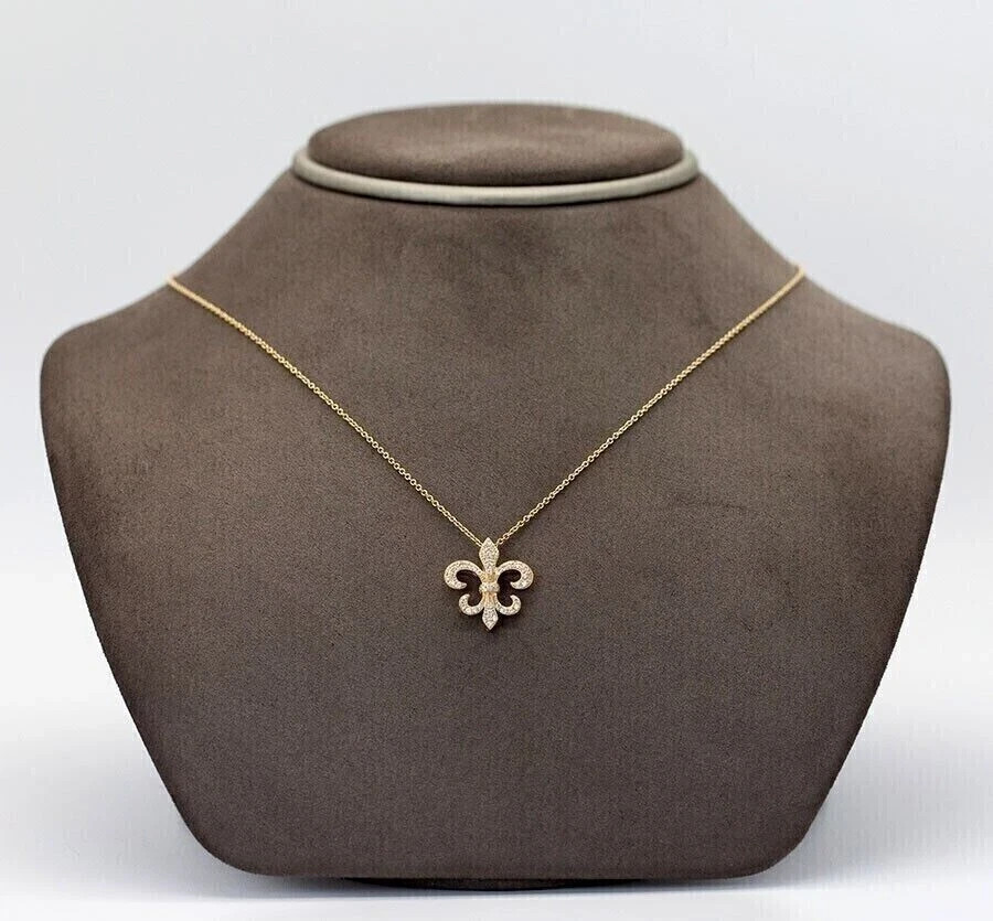 Women 1Ct Simulated Diamond Fleur-De-Lis Pendant Necklace 14K Yellow Gold Plated