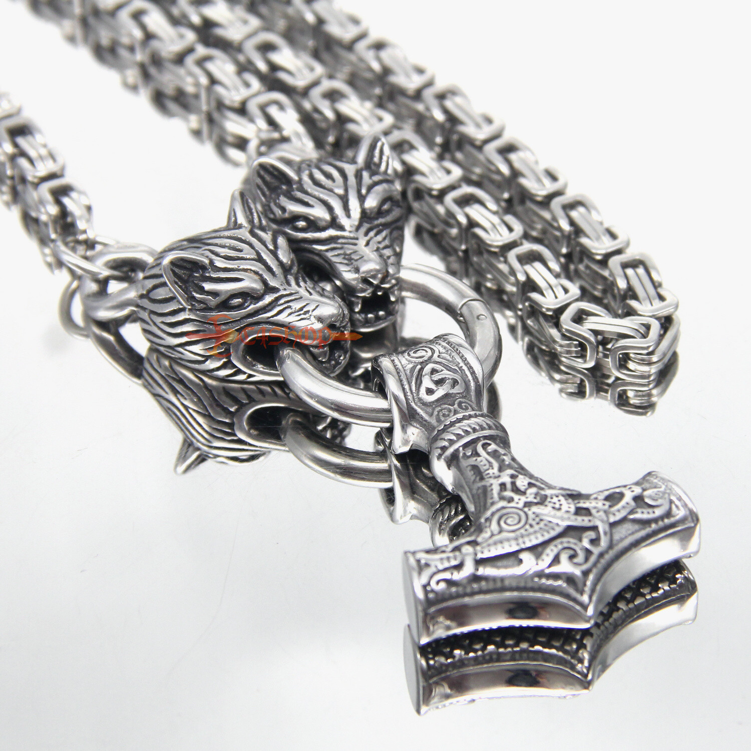 Men’s Wolf Head Thors Hammer Mjolnir Vikings Pendant Necklace 5/8mm King’s Chain