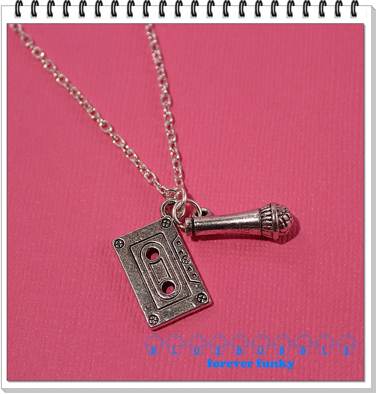 FUNKY SILVER MICROPHONE TAPE NECKLACE CUTE POP ROCK STAR KARAOKE MUSIC 80S DISCO