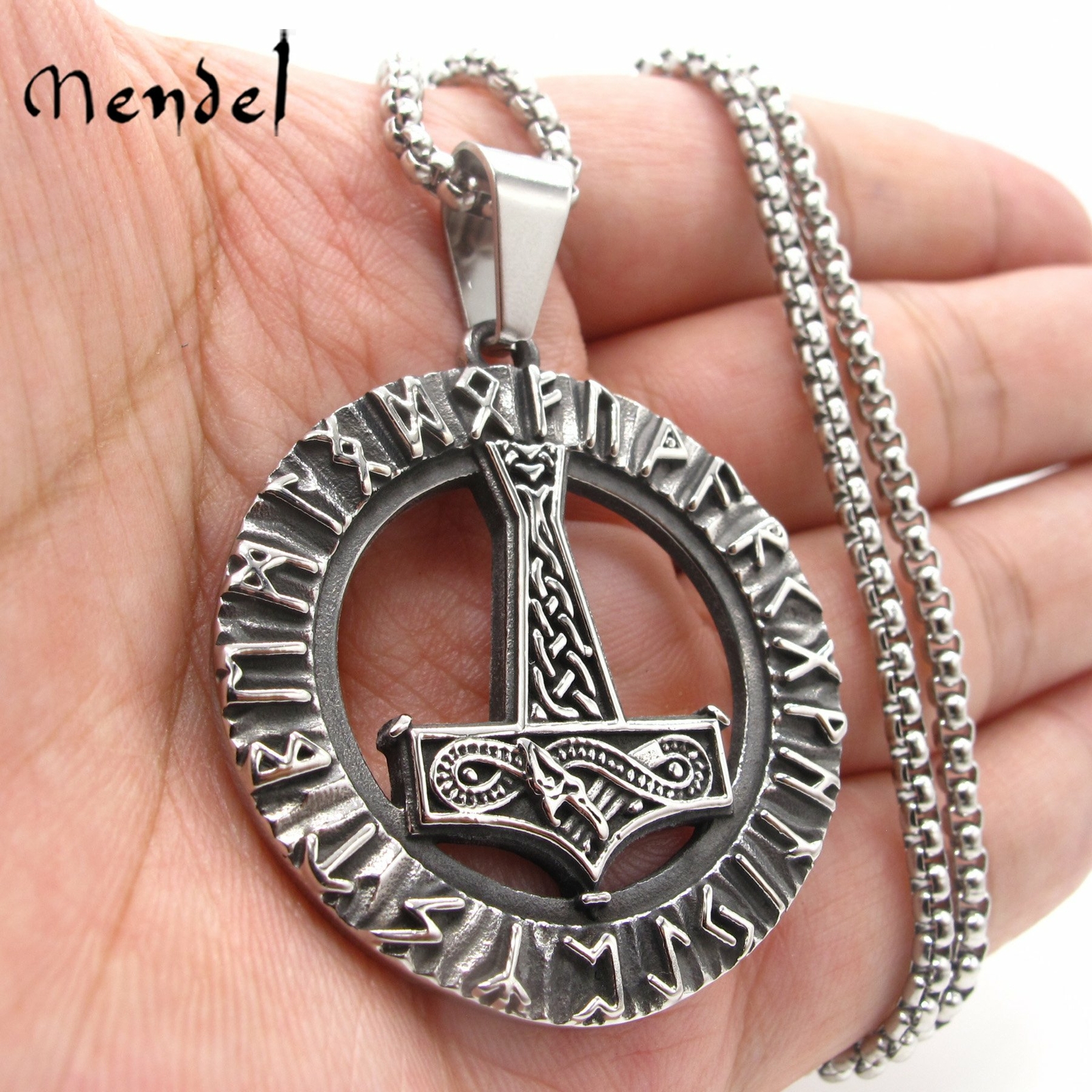 MENDEL Mens Viking Pendant Necklace Thors Hammer Mjolnir Stainless Steel Chain