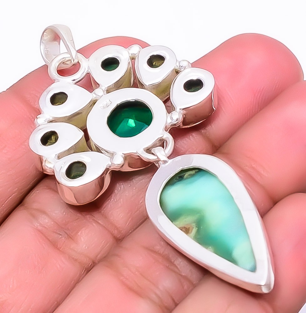 Mint Chrysoprase & Emerald (Lab-Created) 925 Silver Plated Pendant 2.34″ A368