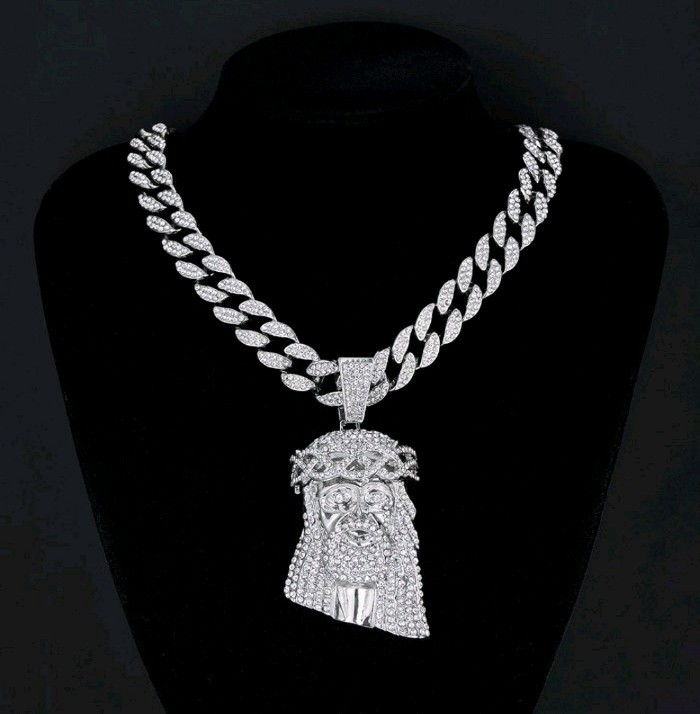 Silver Tone Cuban Link Chain Jesus Head Pavé CZ Pendant Necklace 20 inch White