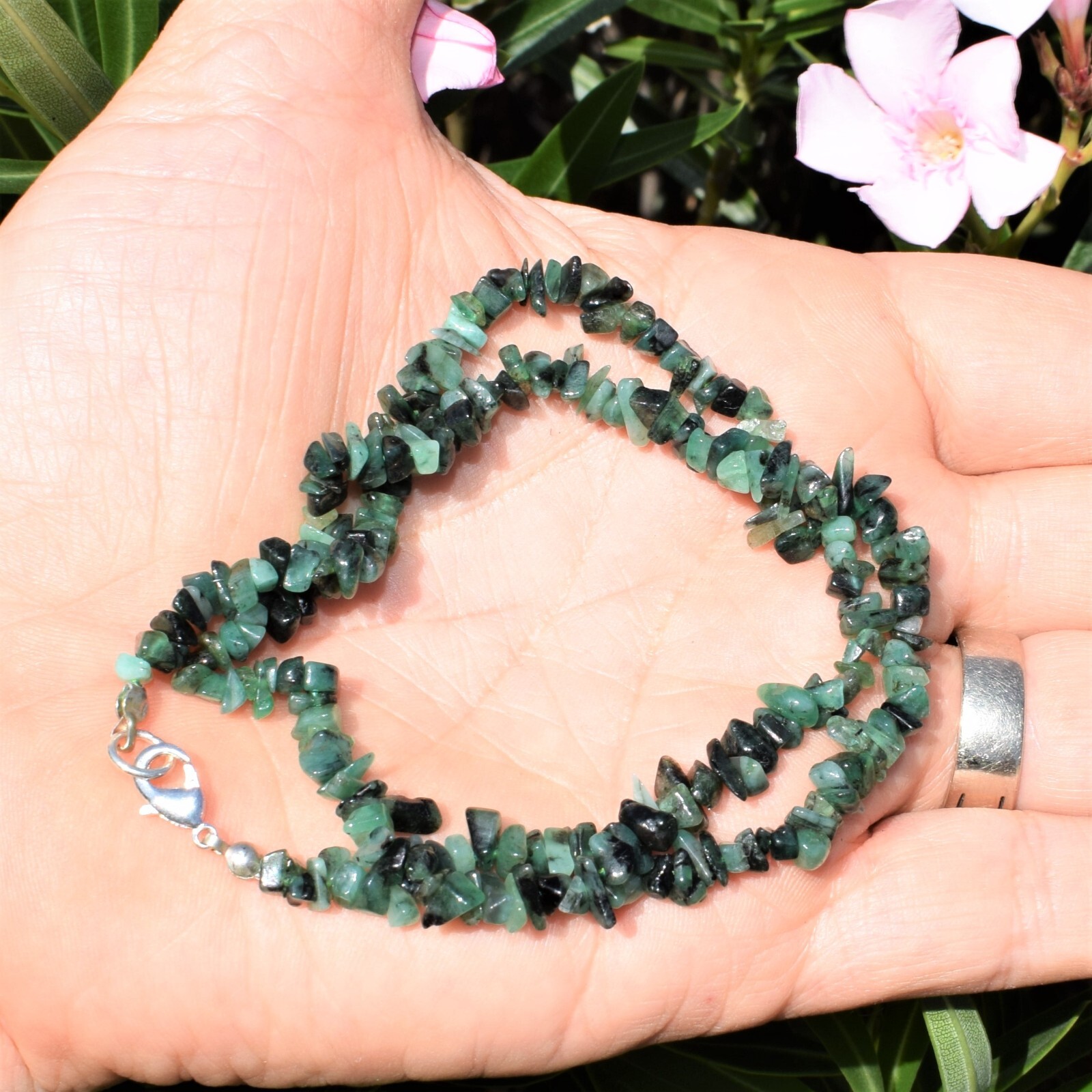 CHARGED Premium Malachite Crystal Chip 18″ Necklace + Baby Selenite Puffy Heart