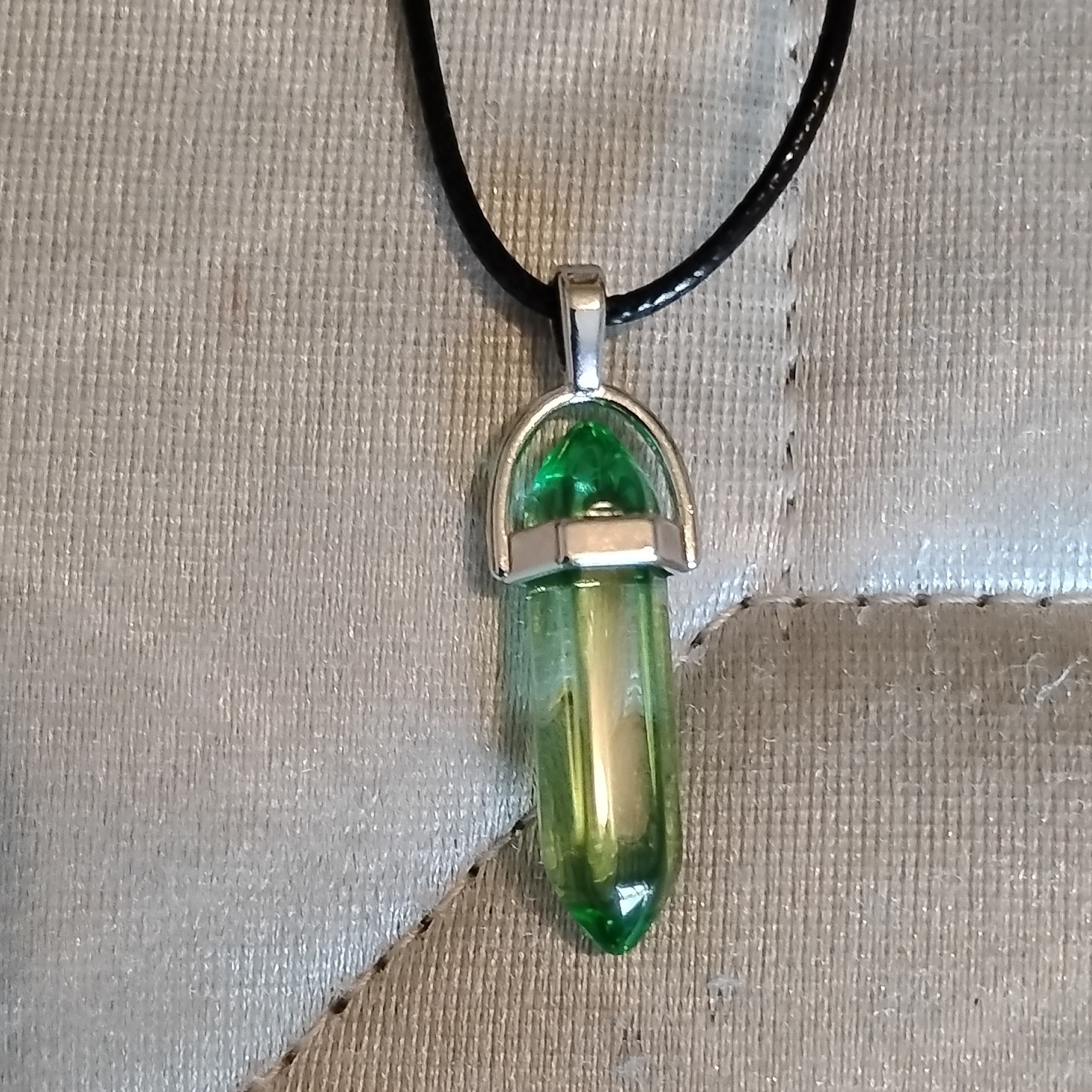 Green Crystal Point Pendant Necklace Black Cord Chain, Lobster Clasp