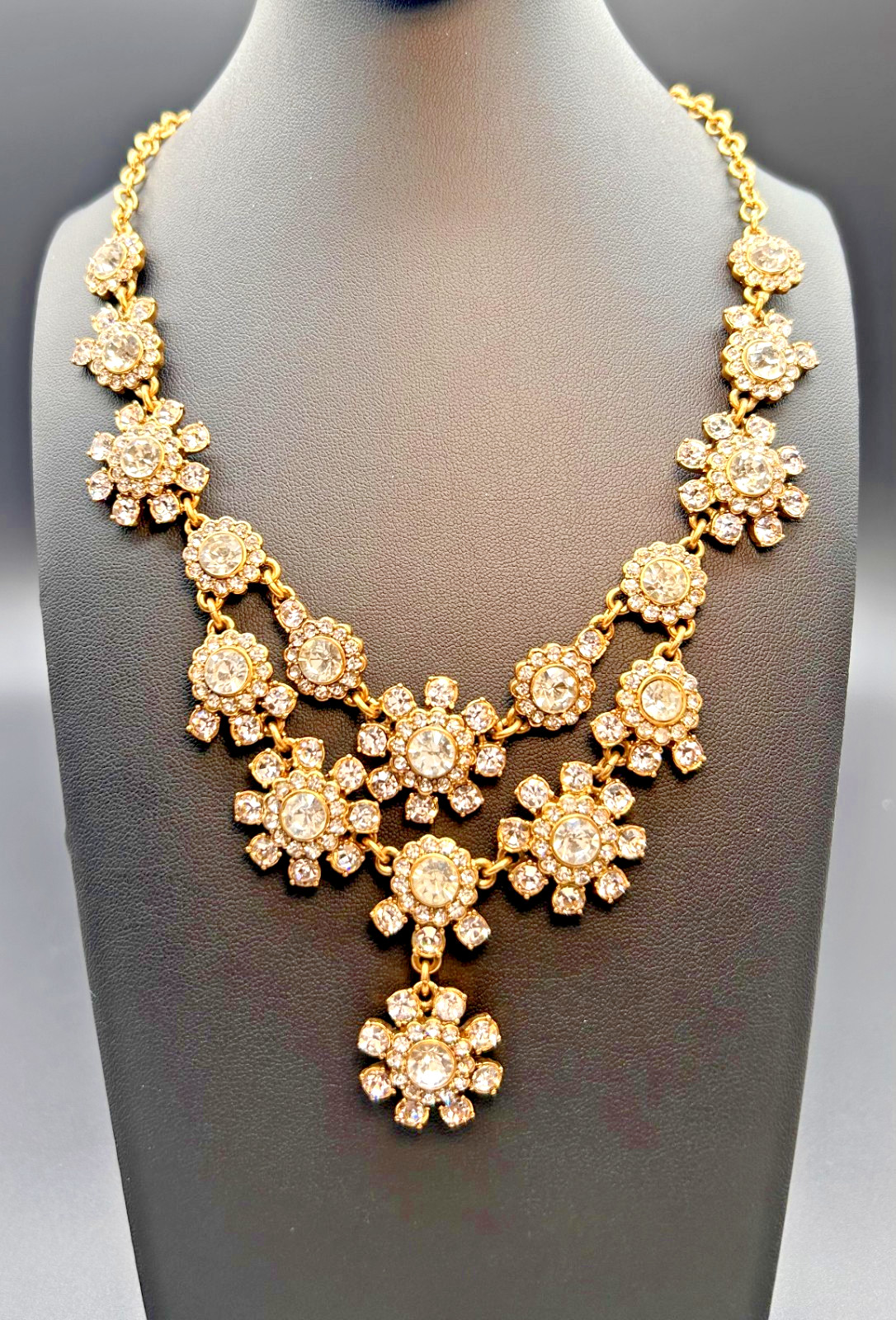 J Crew Crystal Flower Statement Necklace Gold Tone Rhinestone Floral Bib Signed