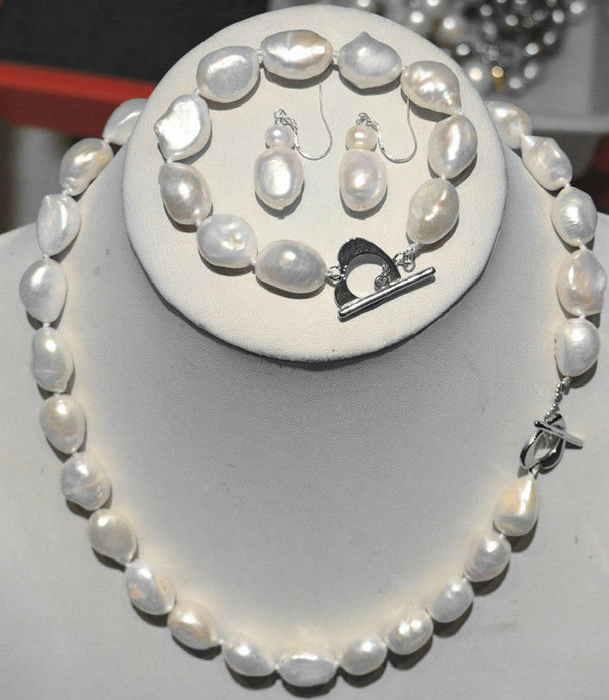 Pretty Natural 9-10mm White Baroque Pearl Necklace Bracelet Earrings Set 18/7.5