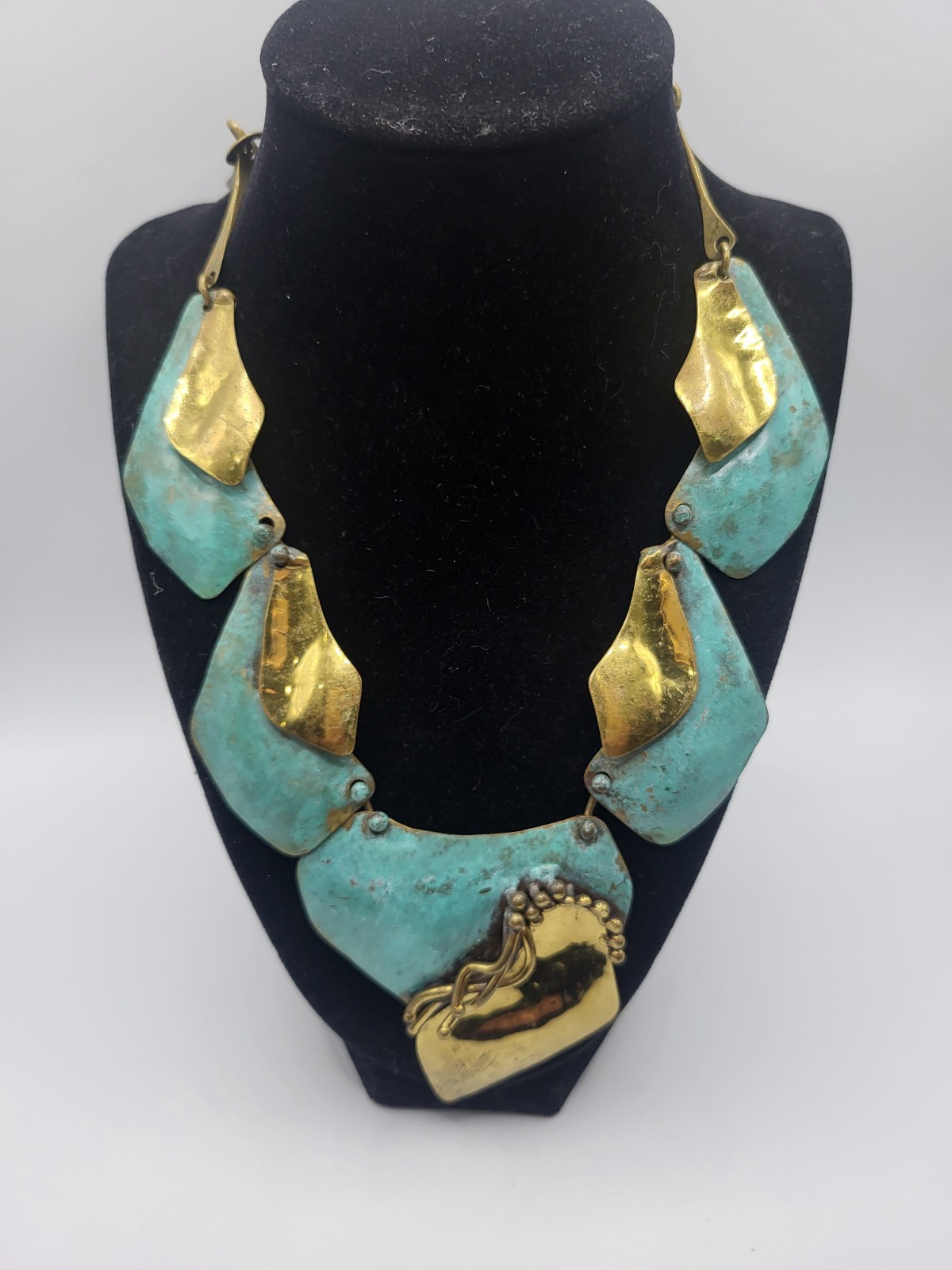 Signed Artisanal Mixed-Metal Bib Necklace Textured Verdigris Patina Gold Tone